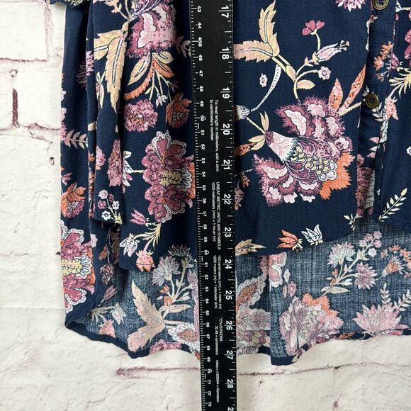 Knox Rose Blouse Shirt Top Womens Floral Button Up Rayon Large Navy Blue Pink - Picture 7 of 10